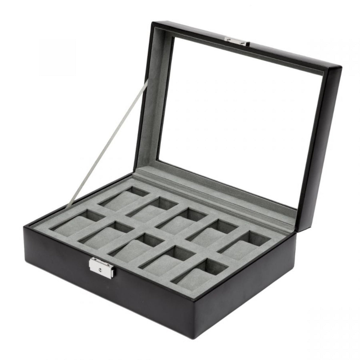 10-piece watch box open, gray insert with multiple watch holder slots.