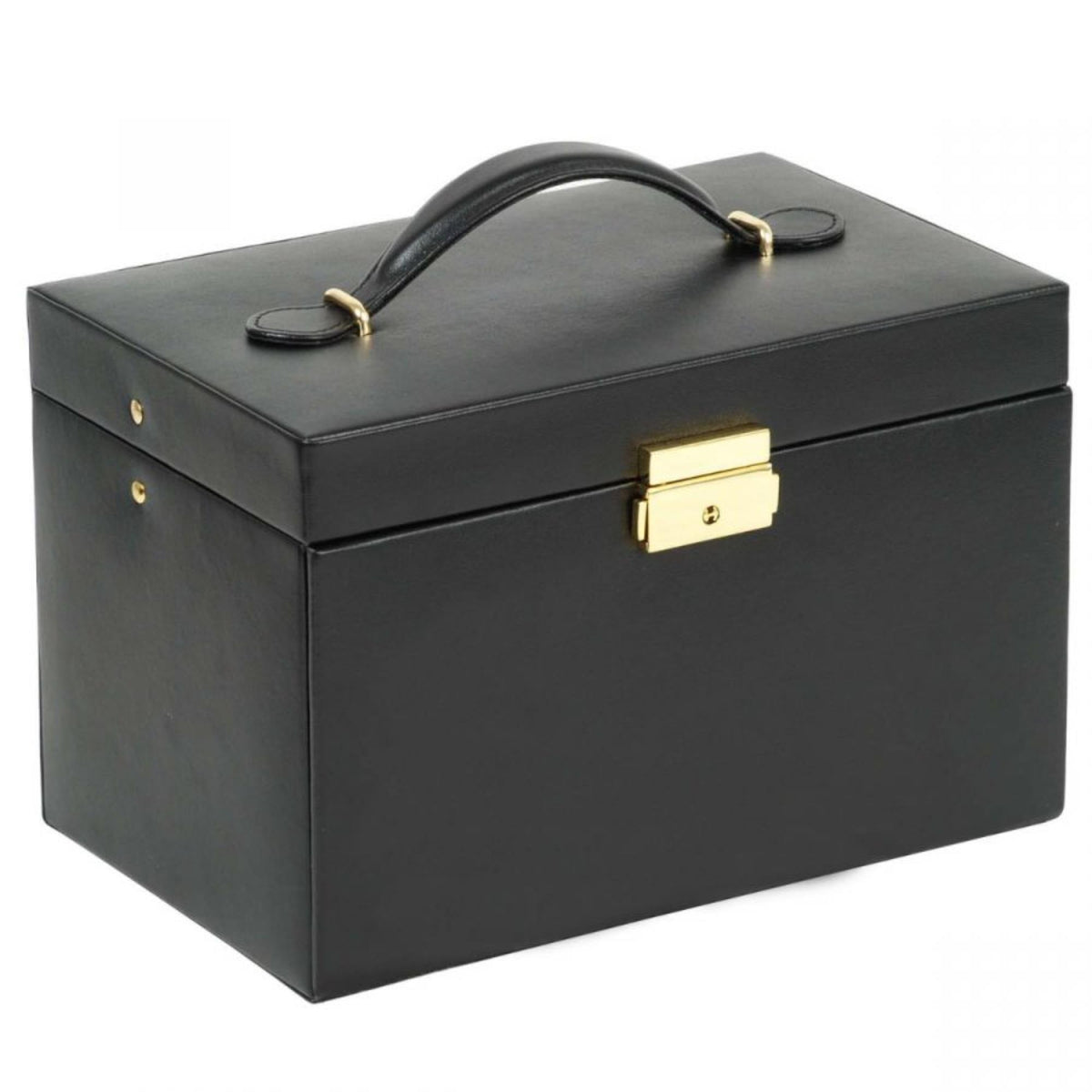 Black jewelry box with top handle and gold latch on front
