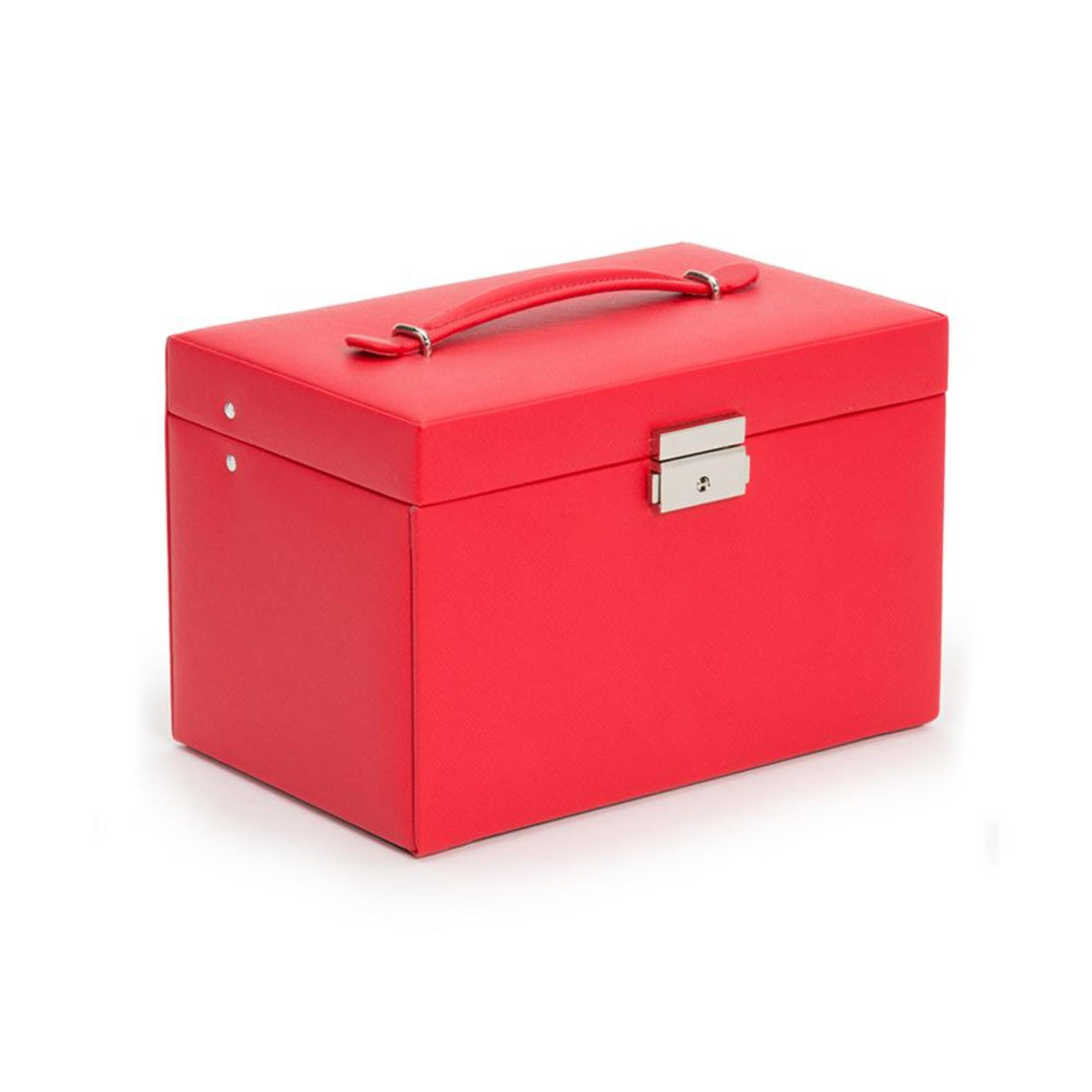 Small red leather jewelry box with handle loop and silver front clasp