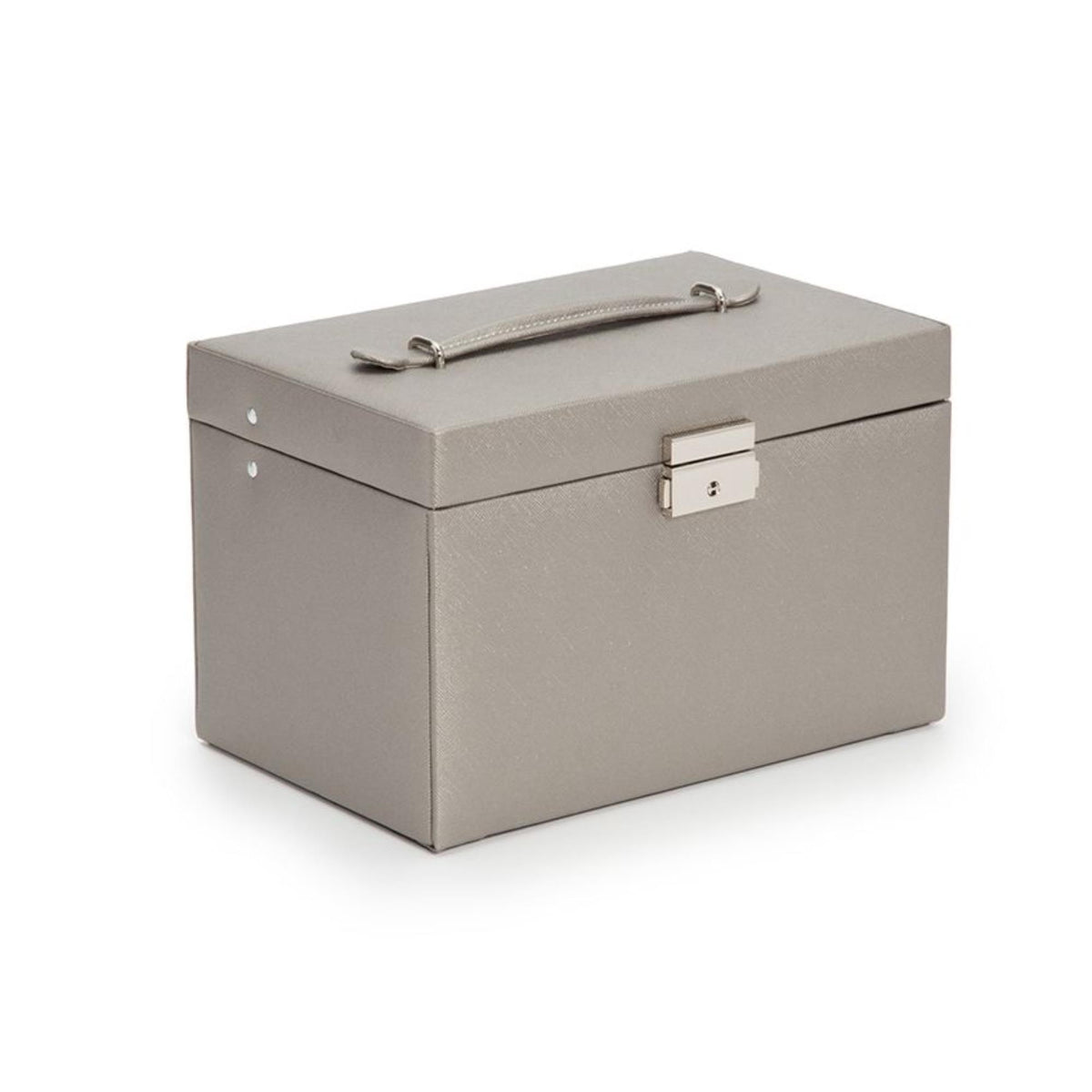Small jewelry box with tan leather-look finish, top handle, and rectangular clasp