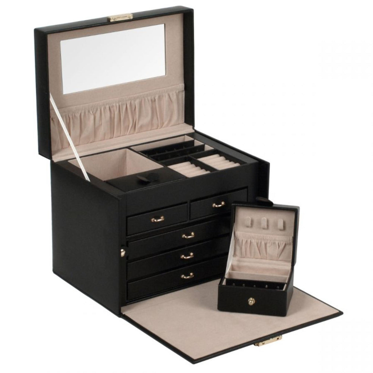 Black leather jewelry box open to reveal beige lining, tray, drawers, and earring slots