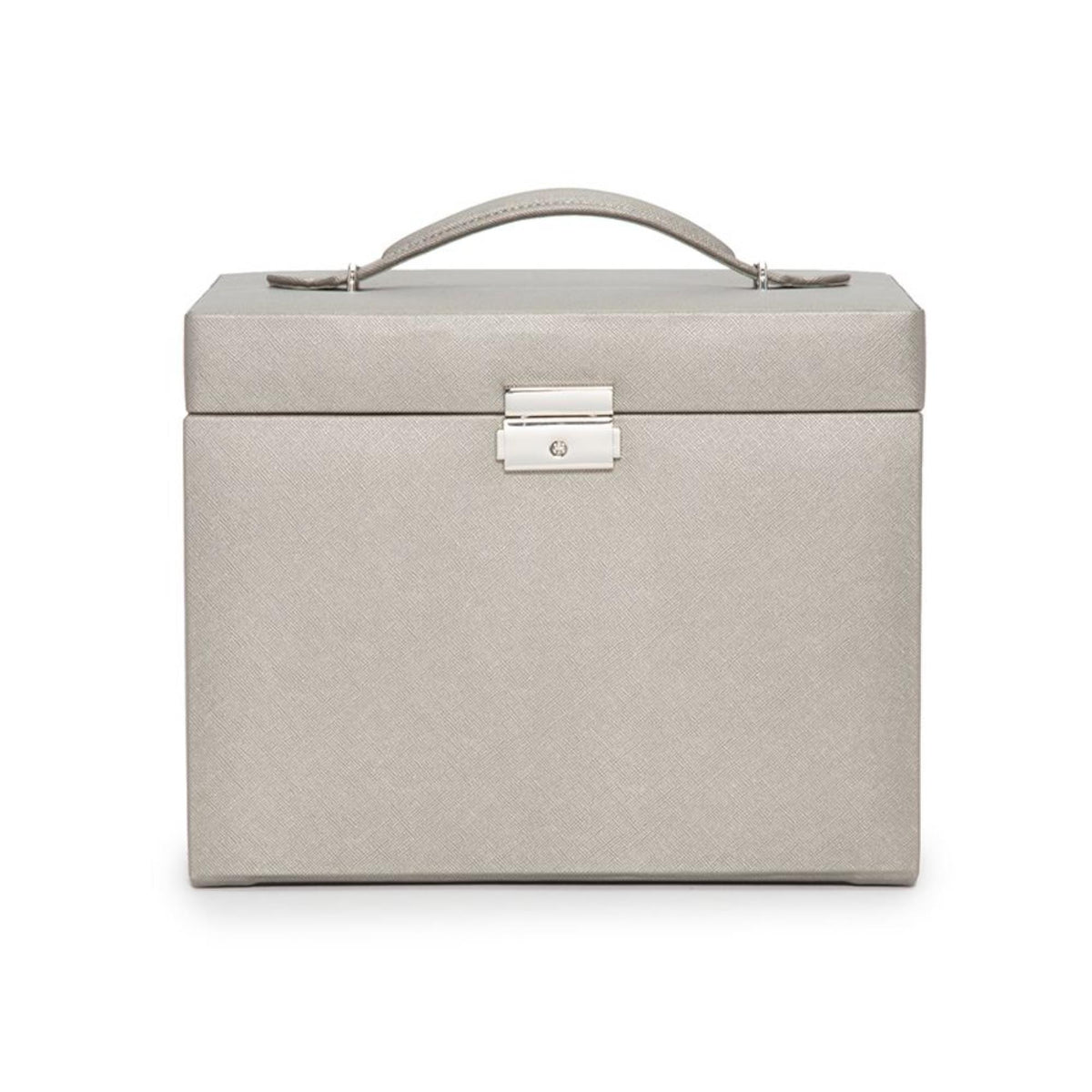 Tan leather medium jewelry box with top handle and front latch clasp