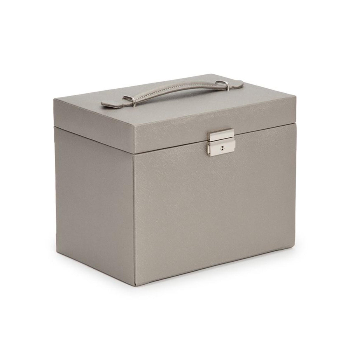 Tan leather medium jewelry box in angled view with metal latch and top handle