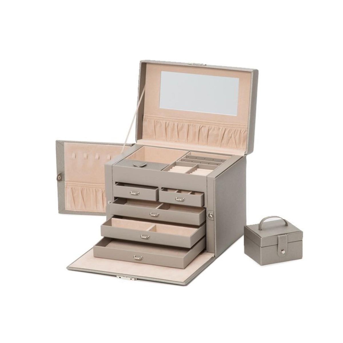 Open tan jewelry box showing cushioned sections, stacked drawers, and side organizer