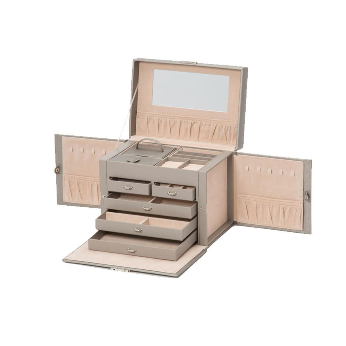 Open tan jewelry box with multi-level drawers and matching small storage box