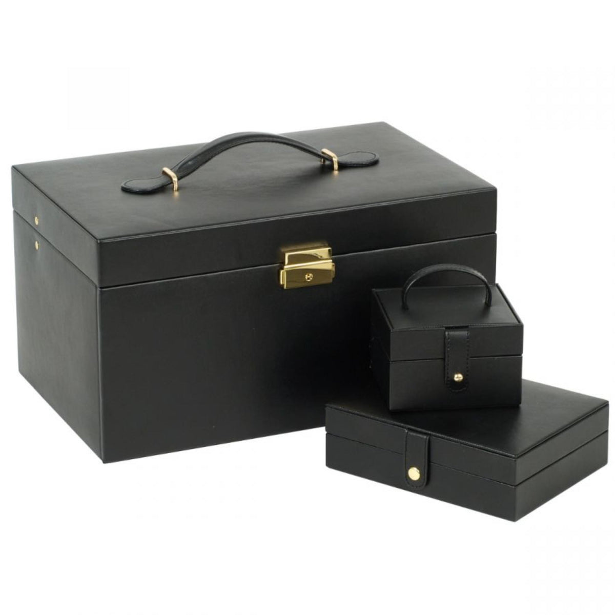 Large black leather jewelry box with gold-tone clasp; includes stacked side travel case