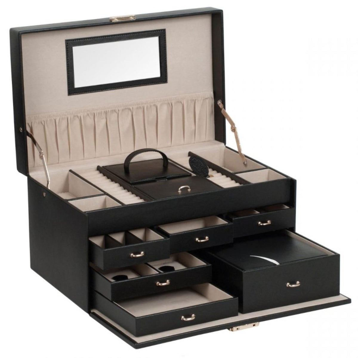 Large jewelry box open top with beige lining, ring pillow, and padded compartments