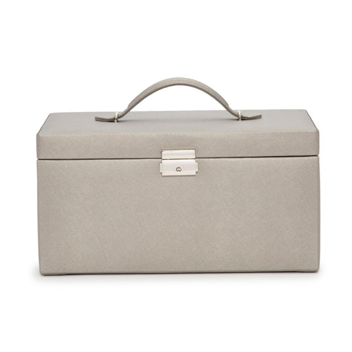 Large jewelry box with tan leather exterior and arched carry handle, hinged lid