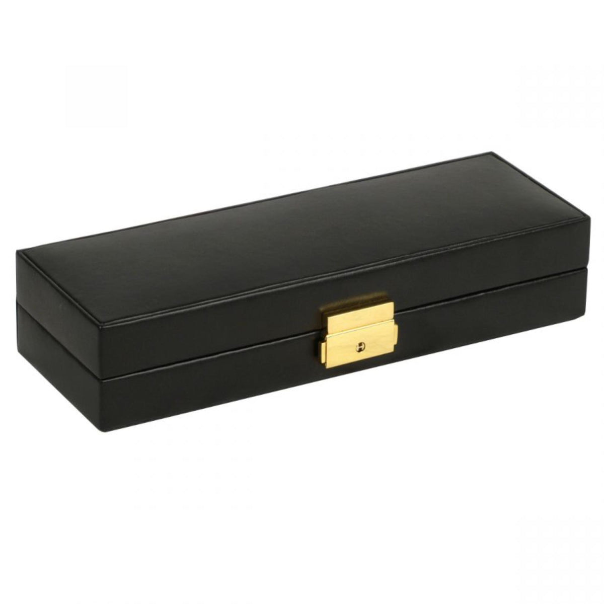 Black leather safe deposit box, gold-tone latch on front panel