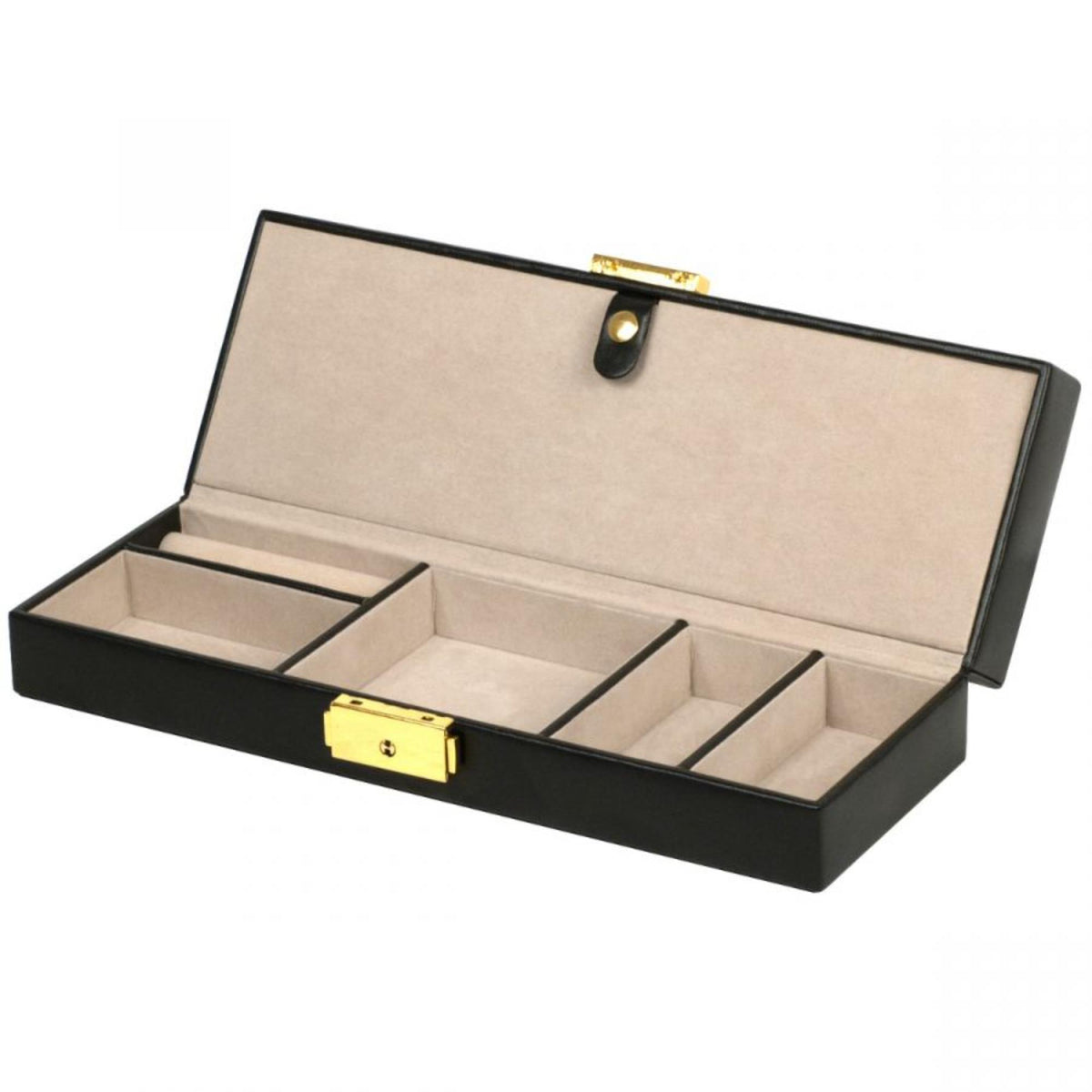 Black leather safe deposit box open with cushioned sections and central keyhole