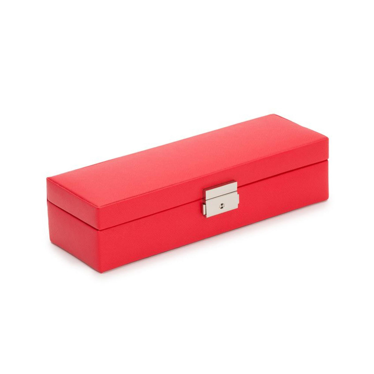 Red leather safe deposit box with silver clasp on side, hinged lid, angled view