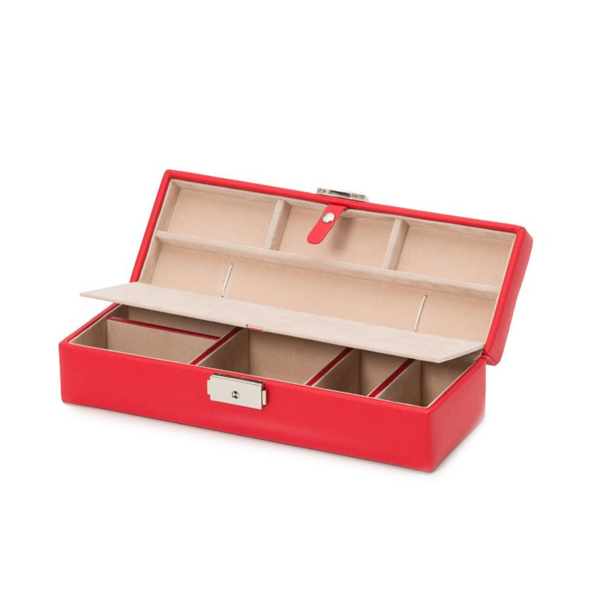 Red leather safe deposit box open showing beige trays, dividers, and central latch