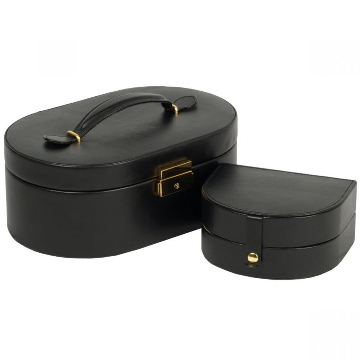 Black oval jewelry box with matching small case, gold clasp and handle.