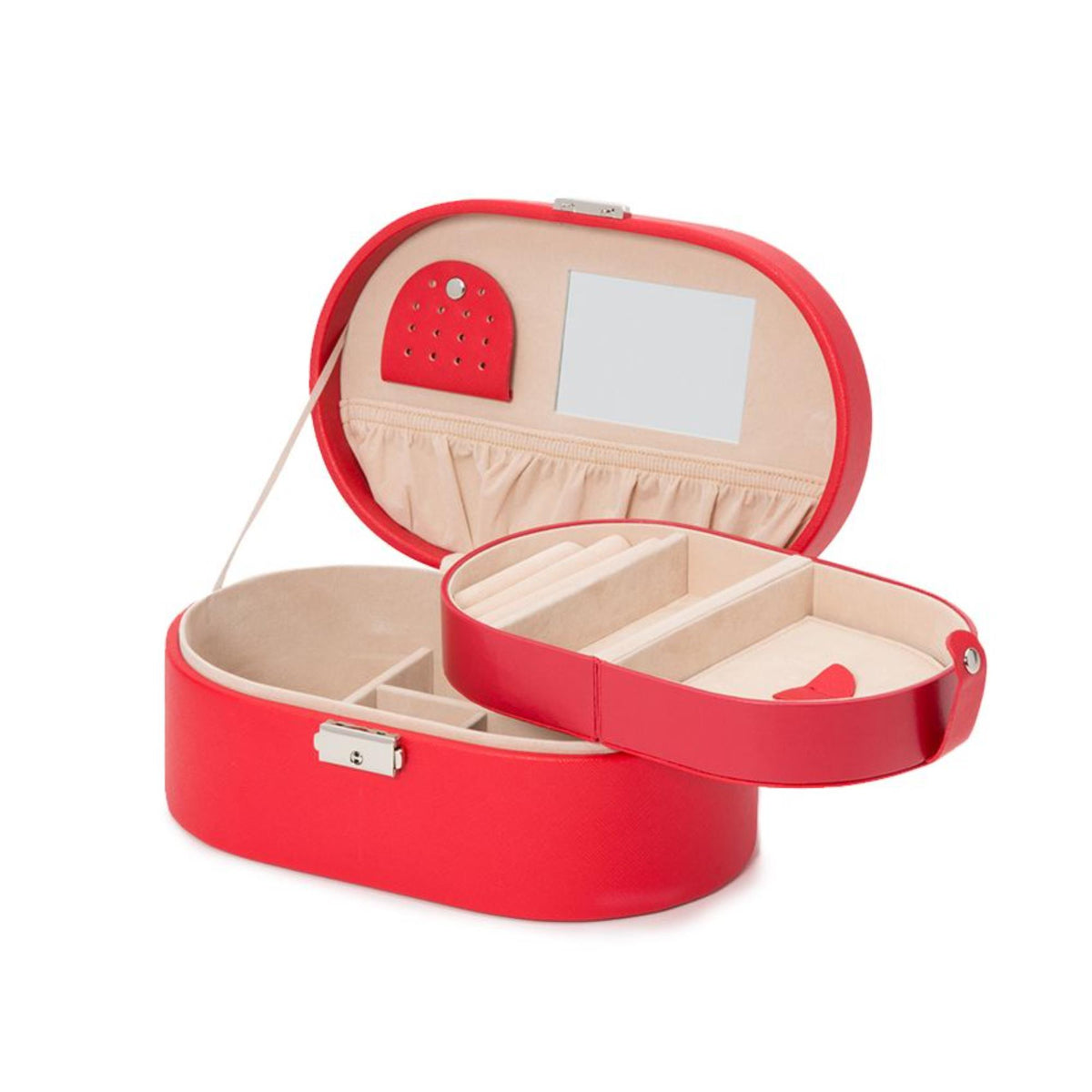 Red oval jewelry box open with divided compartments and heart-shaped cushion detail