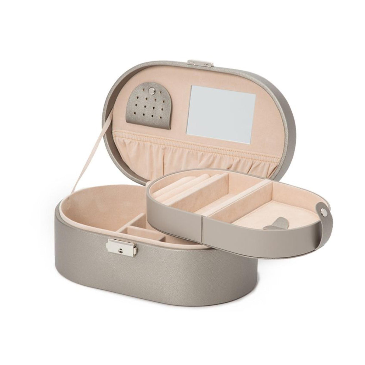 Open taupe oval jewelry box interior with cushioned divider tray and fabric panel.