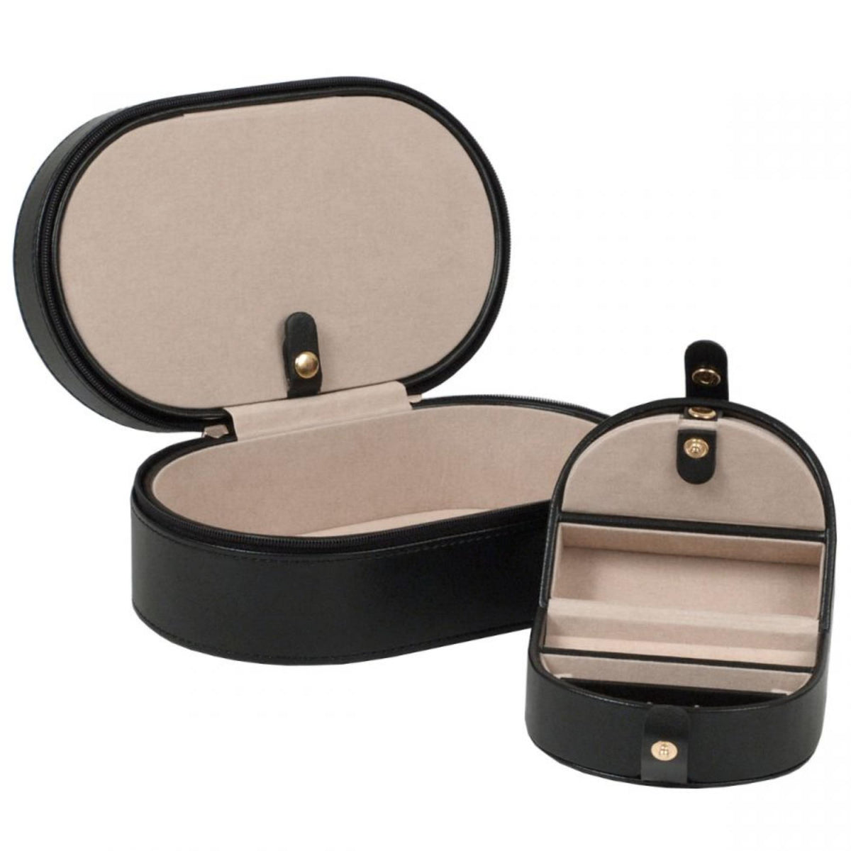 Black leather oval zip case open with beige lining and tray compartments