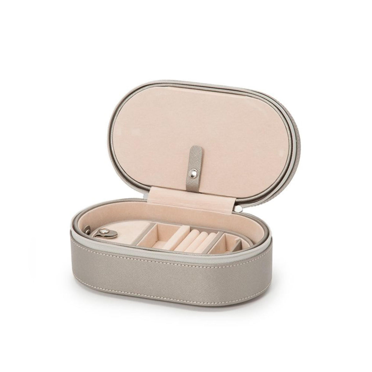 Tan oval leather zip case open to reveal interior organizers and lined compartments.