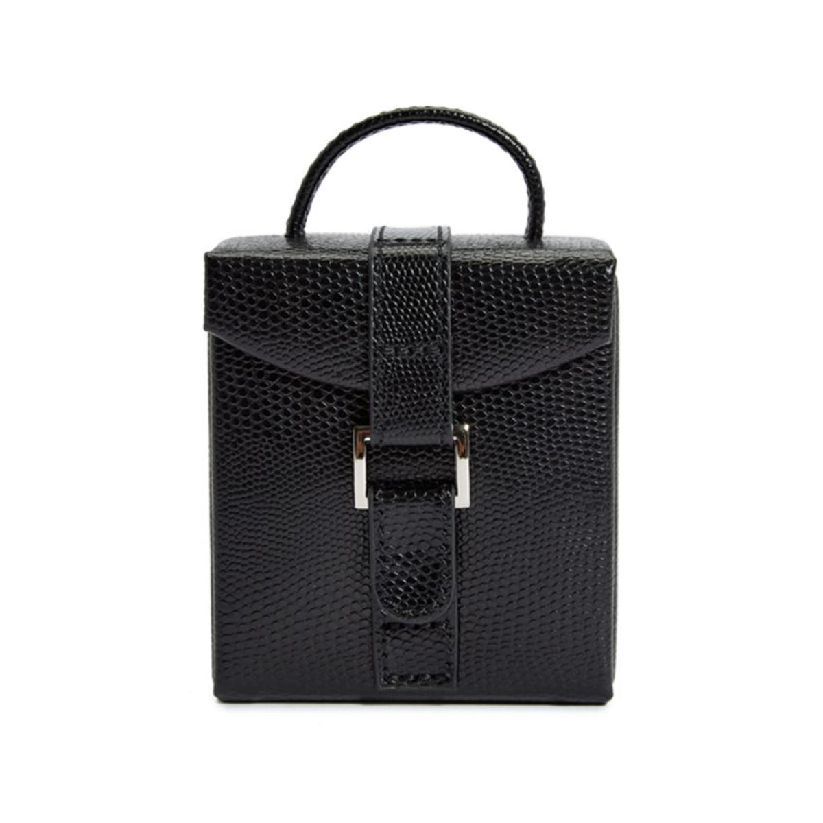 Black leather fold-out jewelry box with handle and front latch closure