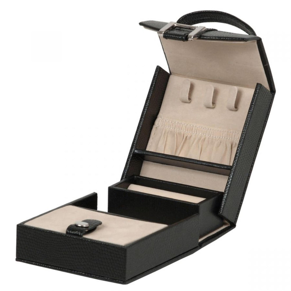 Open black leather fold-out jewelry box showing ring slots and compartment tray
