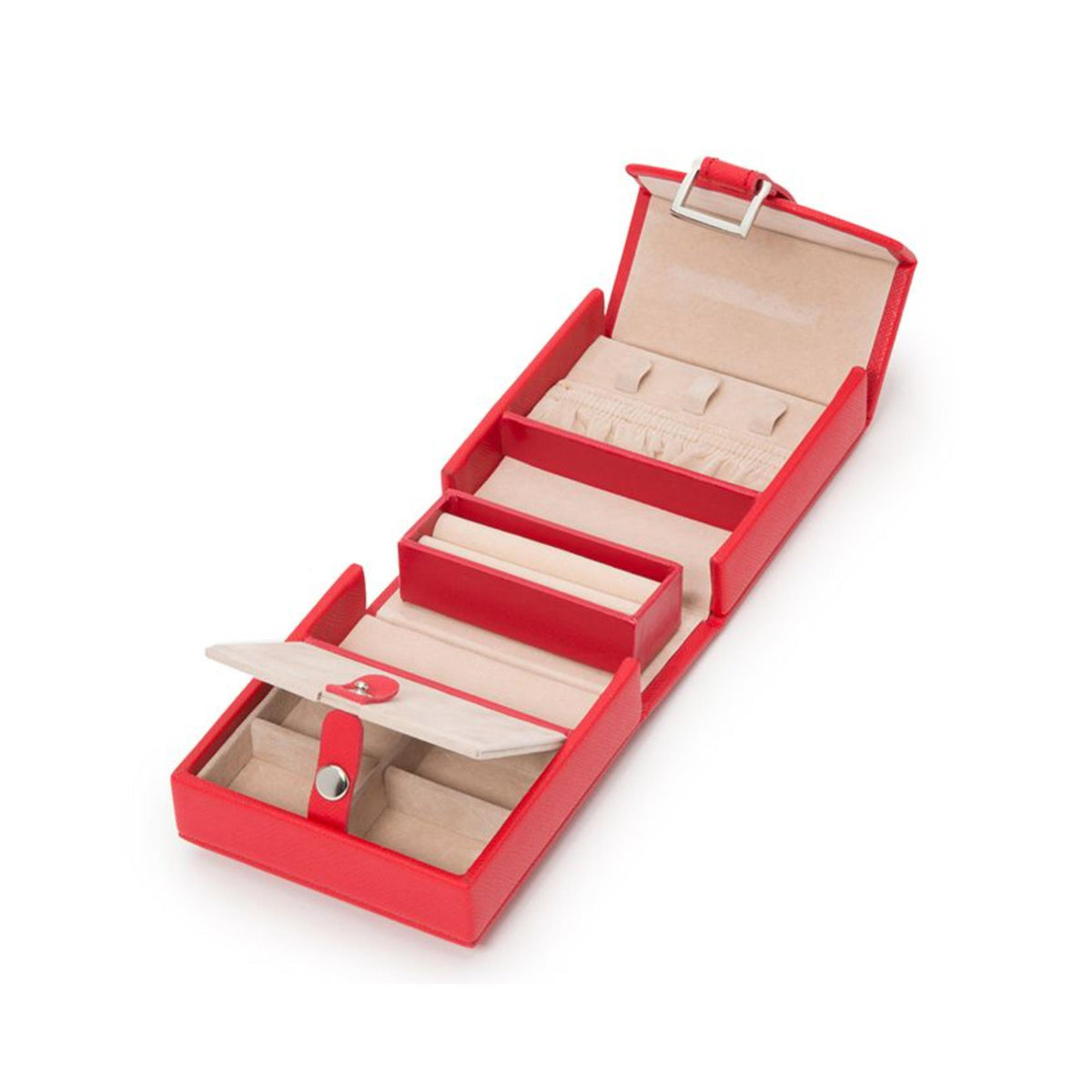 Open red fold-out jewelry box with beige compartments and necklace holder