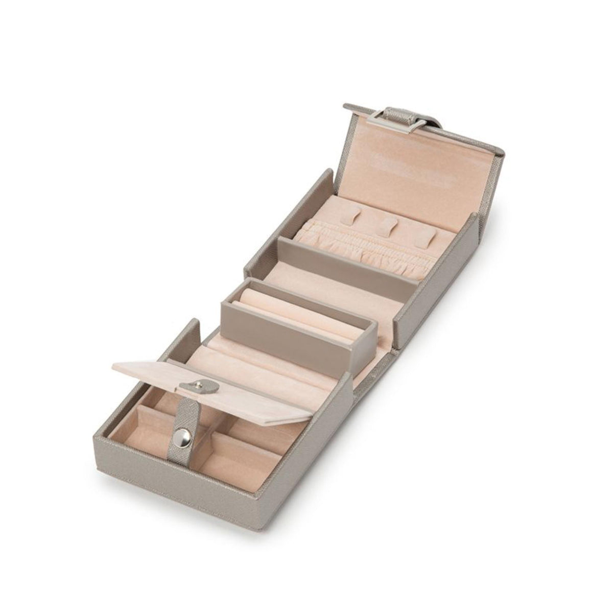 Fold-out jewelry box open with multiple sections and small ring clasp plate, tan leather-look
