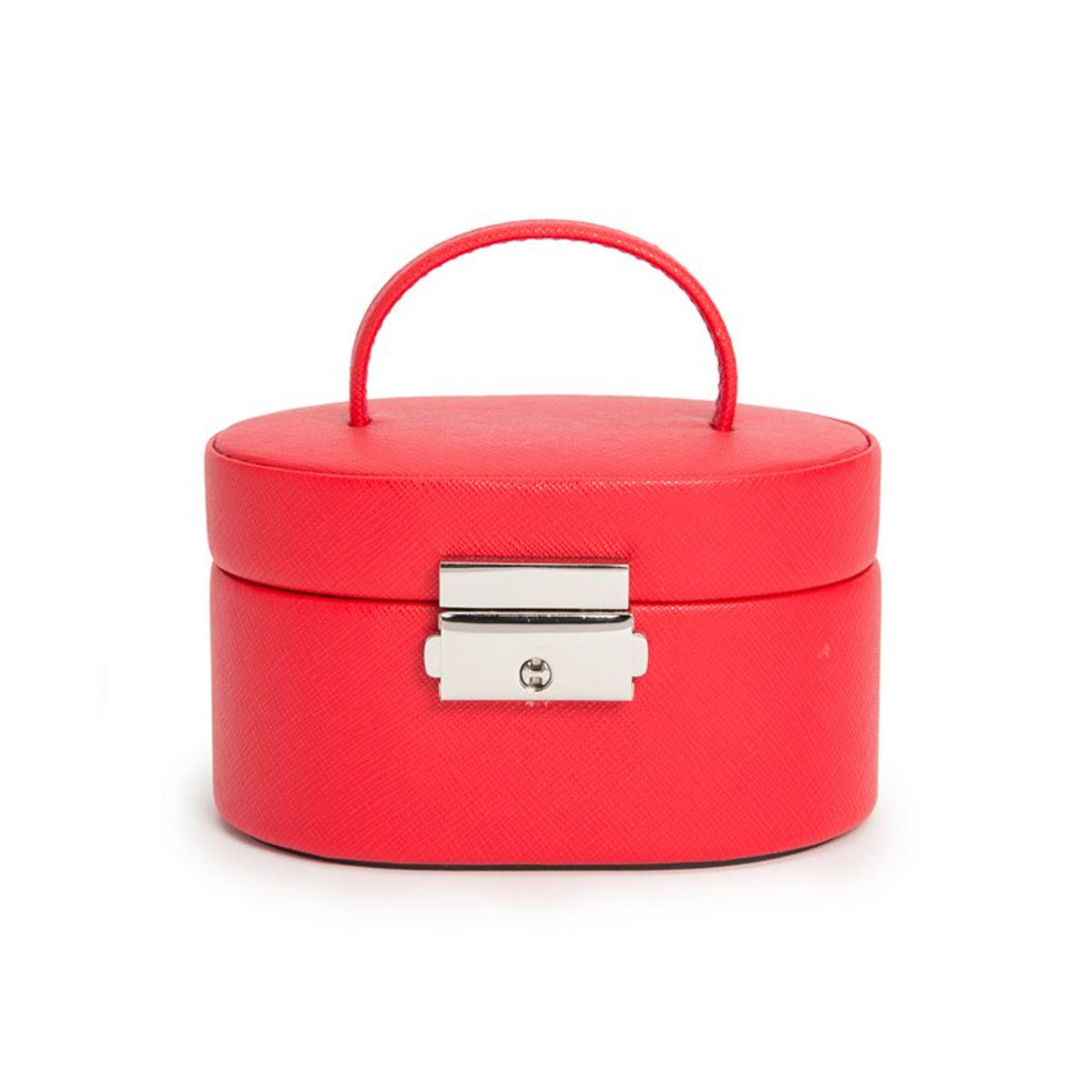 Red mini oval leather jewelry box with top handle and silver front clasp.