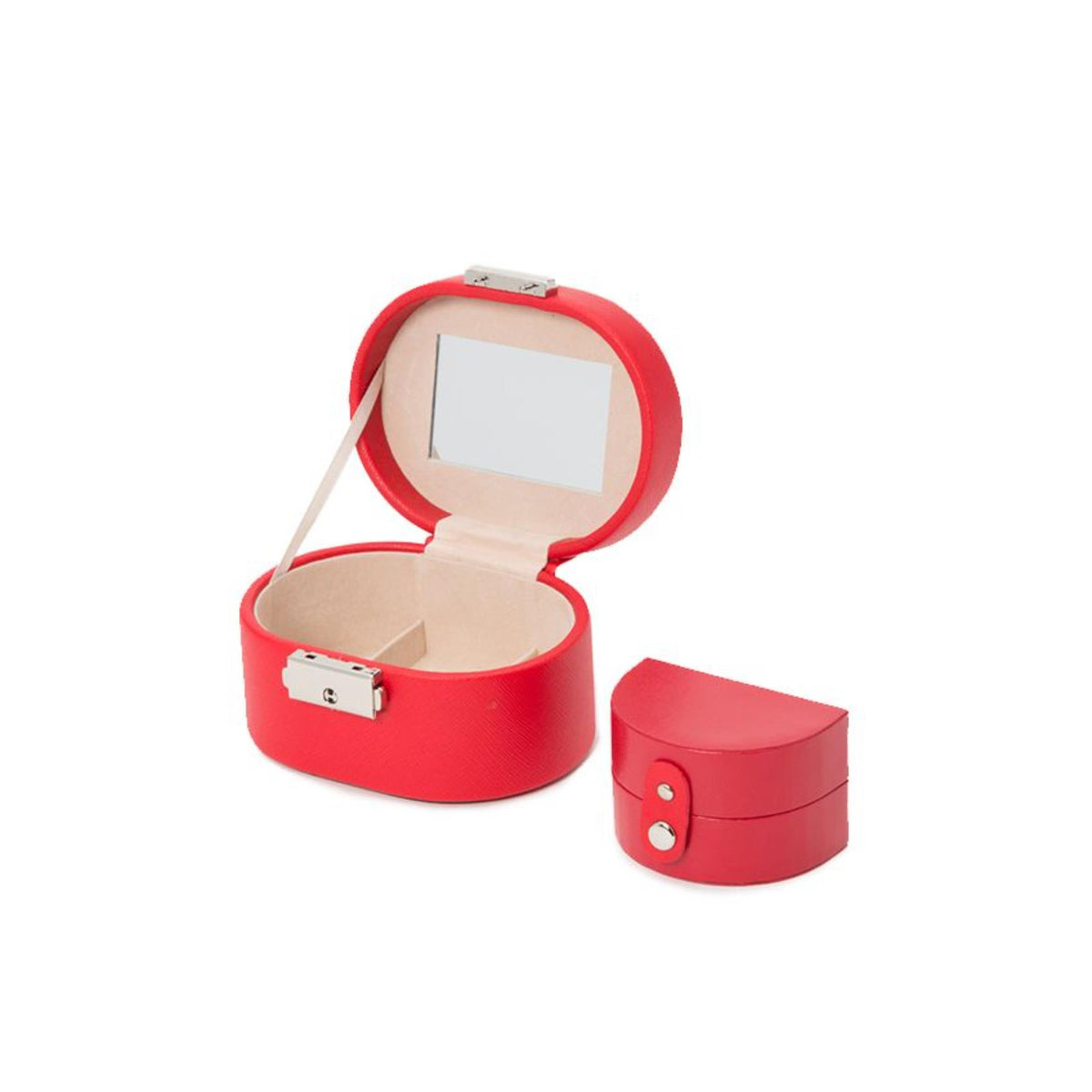 Red mini oval leather jewelry box open with light interior and a small matching case.