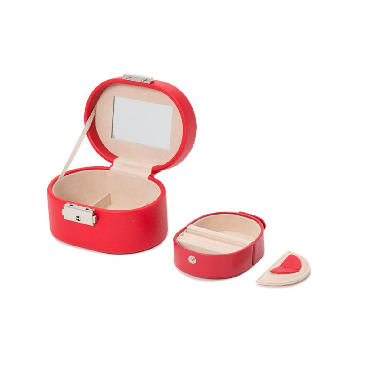 Red mini oval leather jewelry box open with light tray compartments and small loose piece.