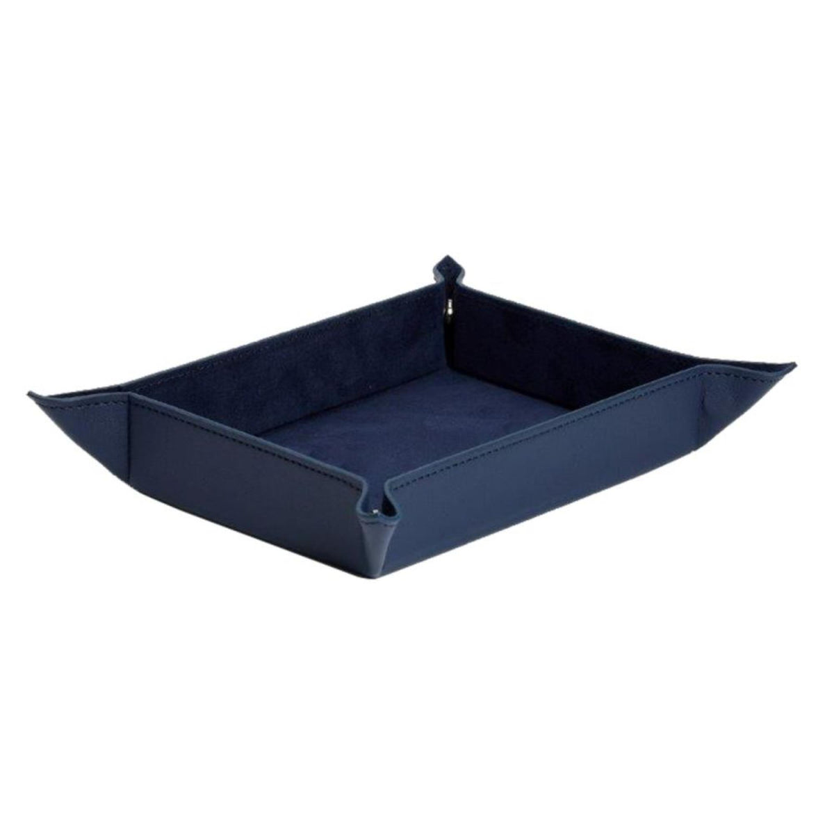 Navy leather coin tray with stitched rim and deep interior