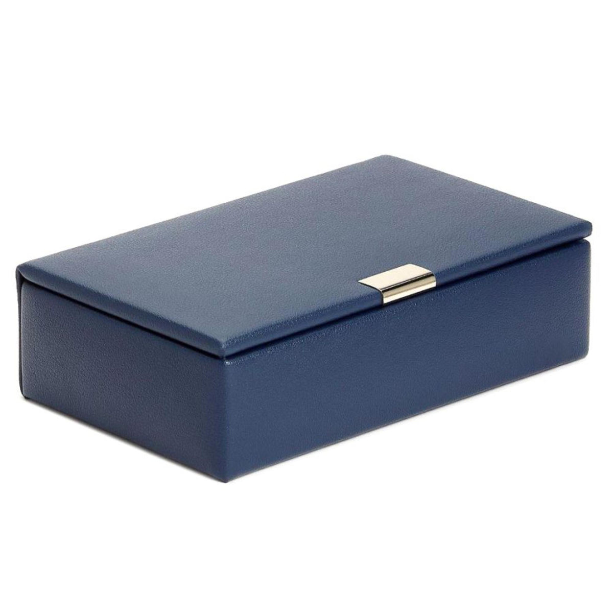 Navy leather cufflink box with rectangular shape and silver-tone clasp on top.