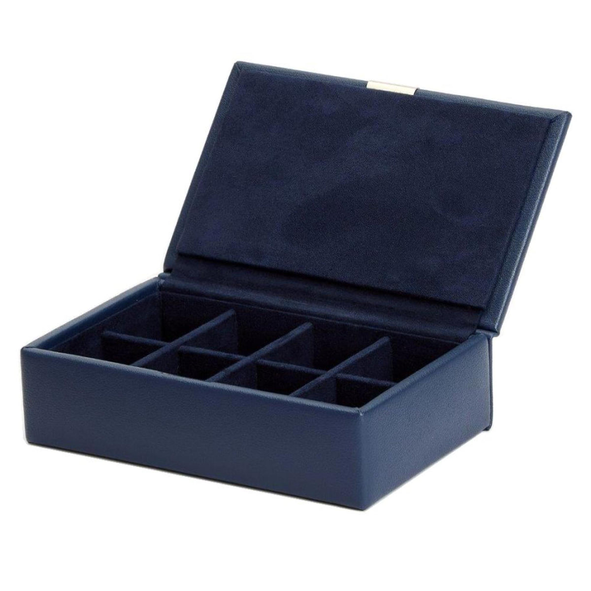 Navy leather cufflink box open to reveal padded compartments for cufflinks.