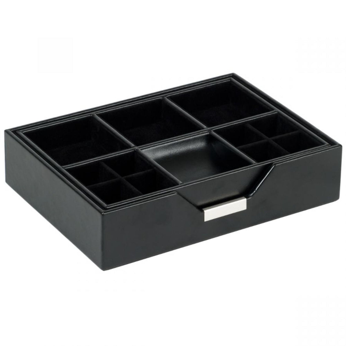Black leather valet tray insert with segmented compartments and central catch tray