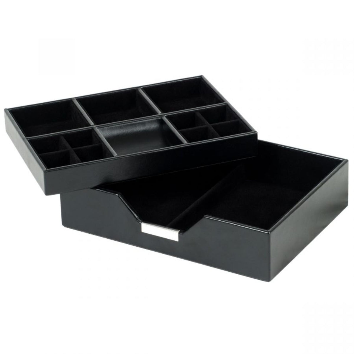 Black leather valet tray with open compartments and wide base tray
