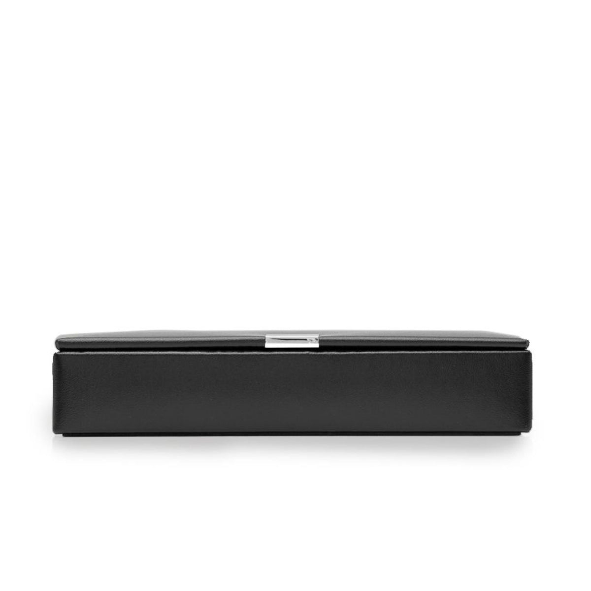 Black leather cufflink box with hinged lid and center latch