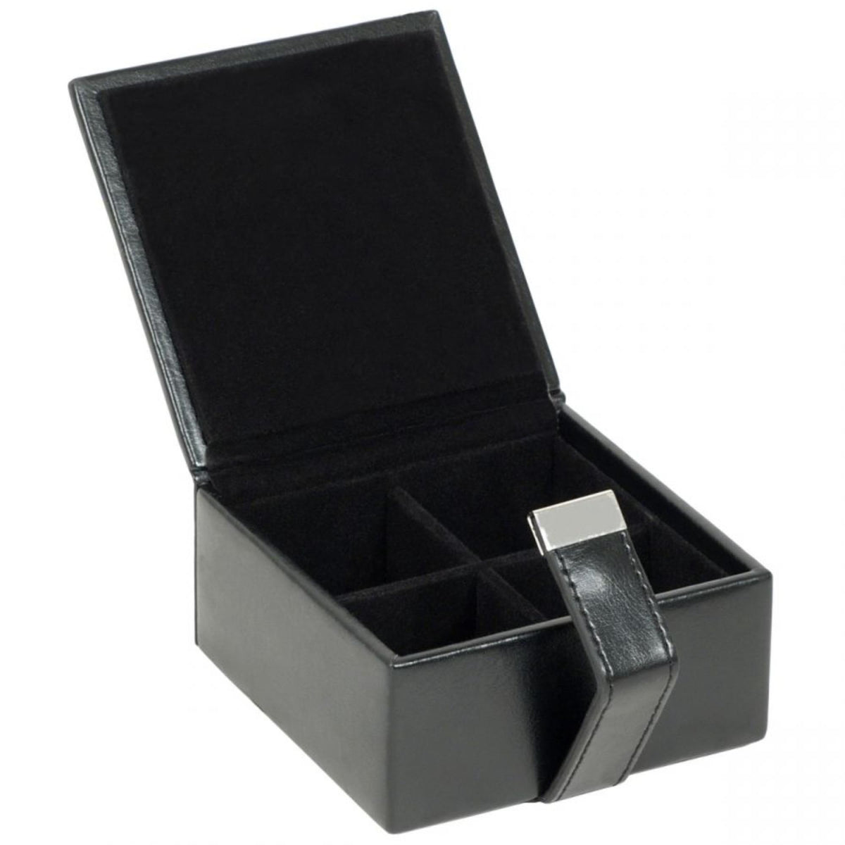 Black leather cufflink box open with padded compartments and divider
