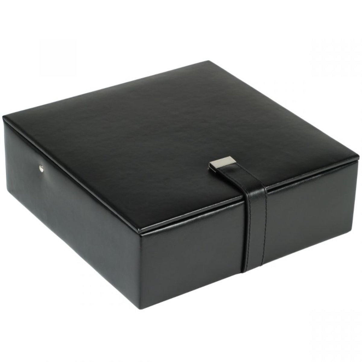 Black leather valet case open-top style with side strap handle on front