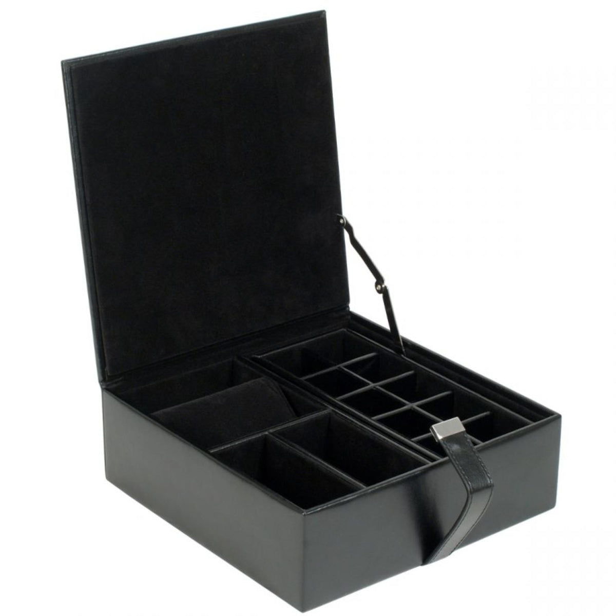 Black leather valet case open with grid and slot compartments for small items