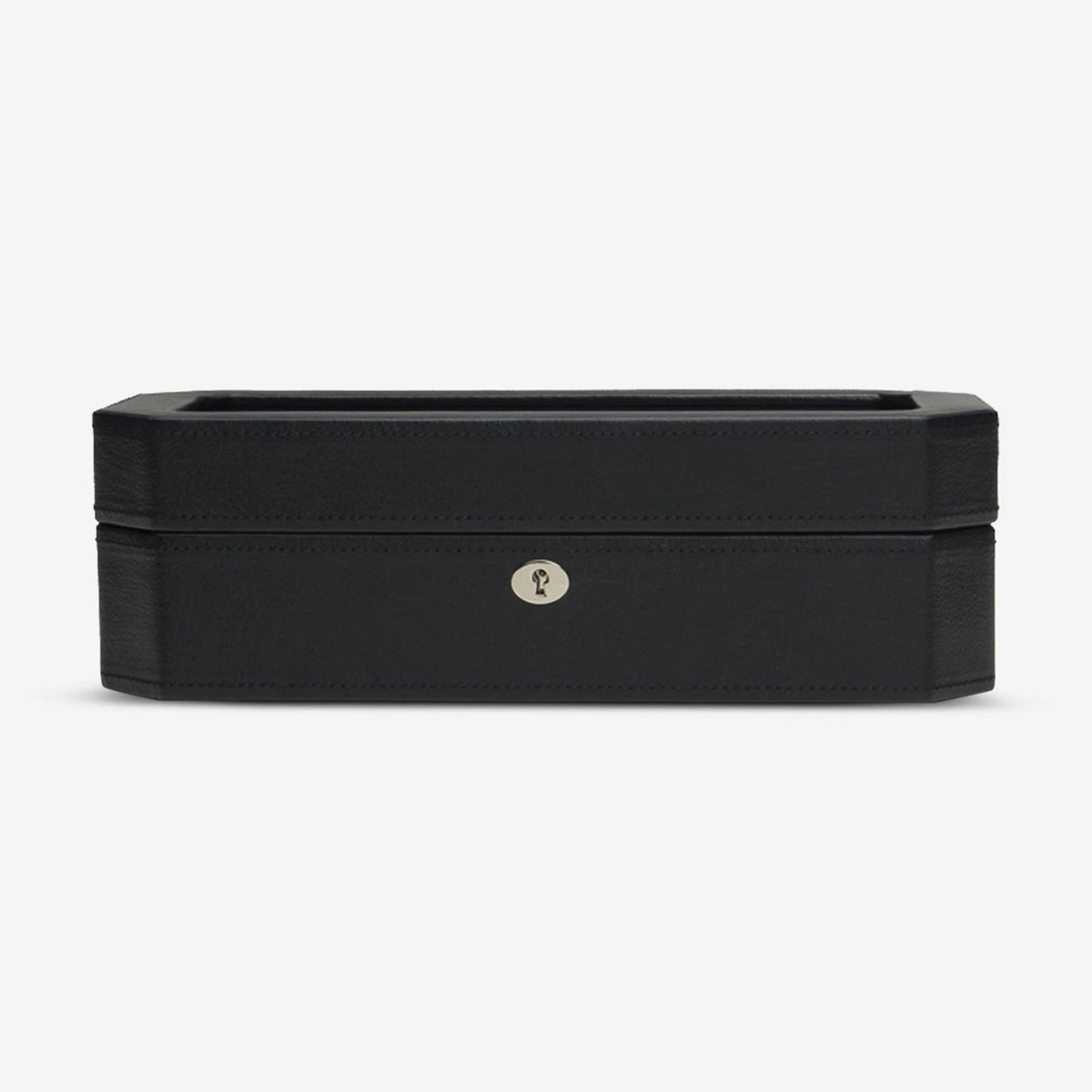 Black watch storage box with lid and central clasp detail