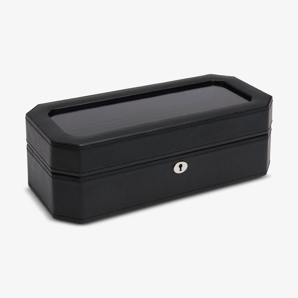 Black watch storage box with open-top tray and rectangular hinged lid