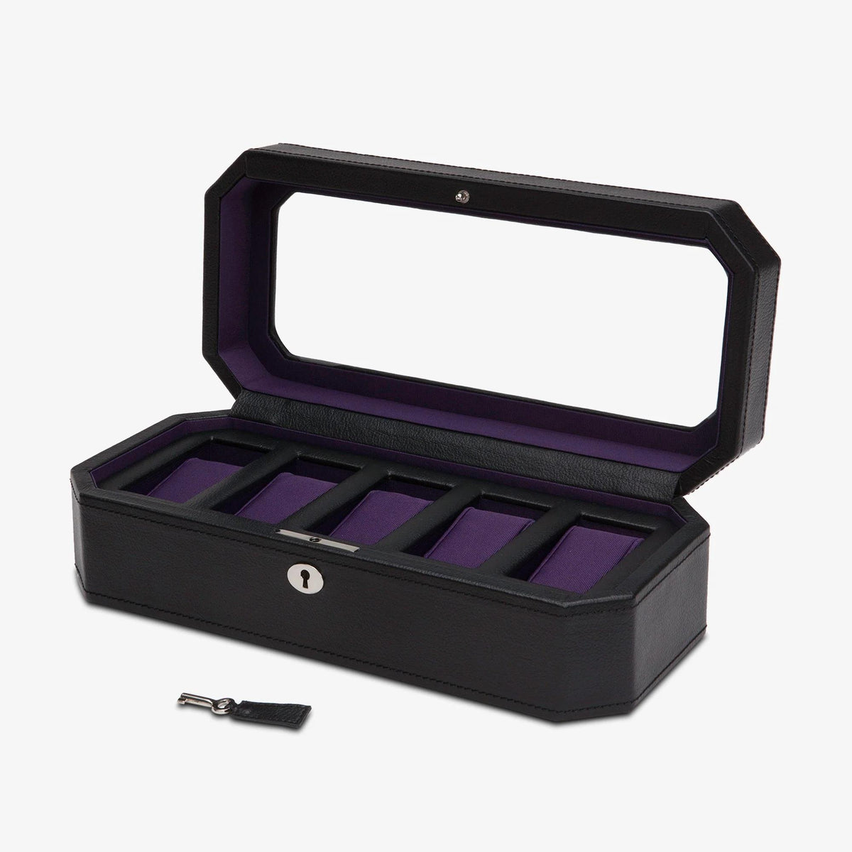Black watch box with hinged lid, purple cushioned slots, and small key
