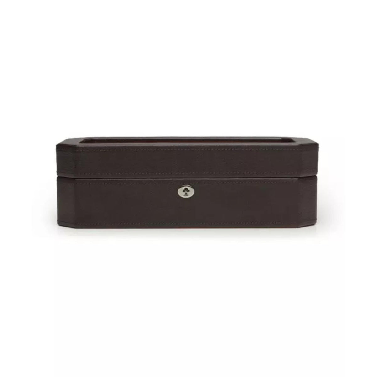 Closed five-watch storage box in dark brown leather-look with round latch on front.
