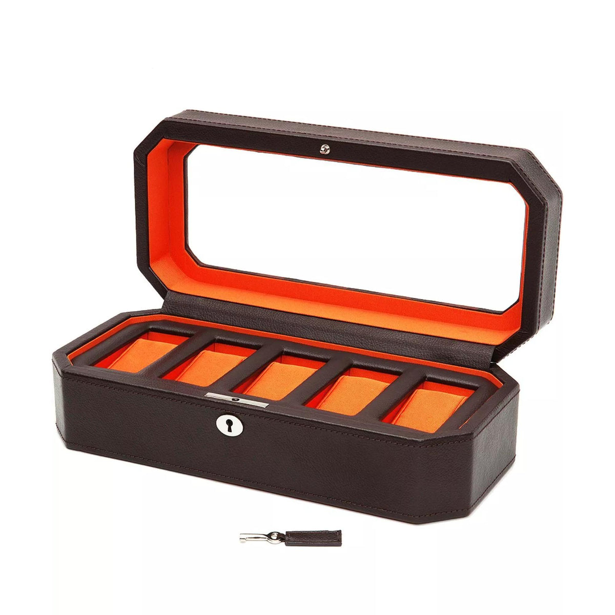 Open five-watch storage box with orange-lined lid, five orange cushions, front lock visible.