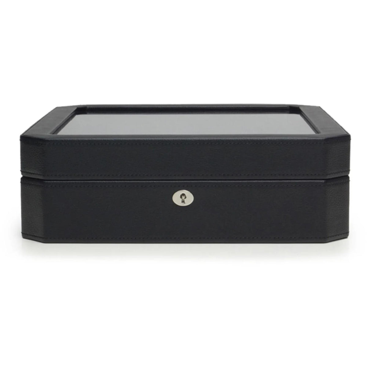 Black leather-style watch box with hinged lid and clear display panel
