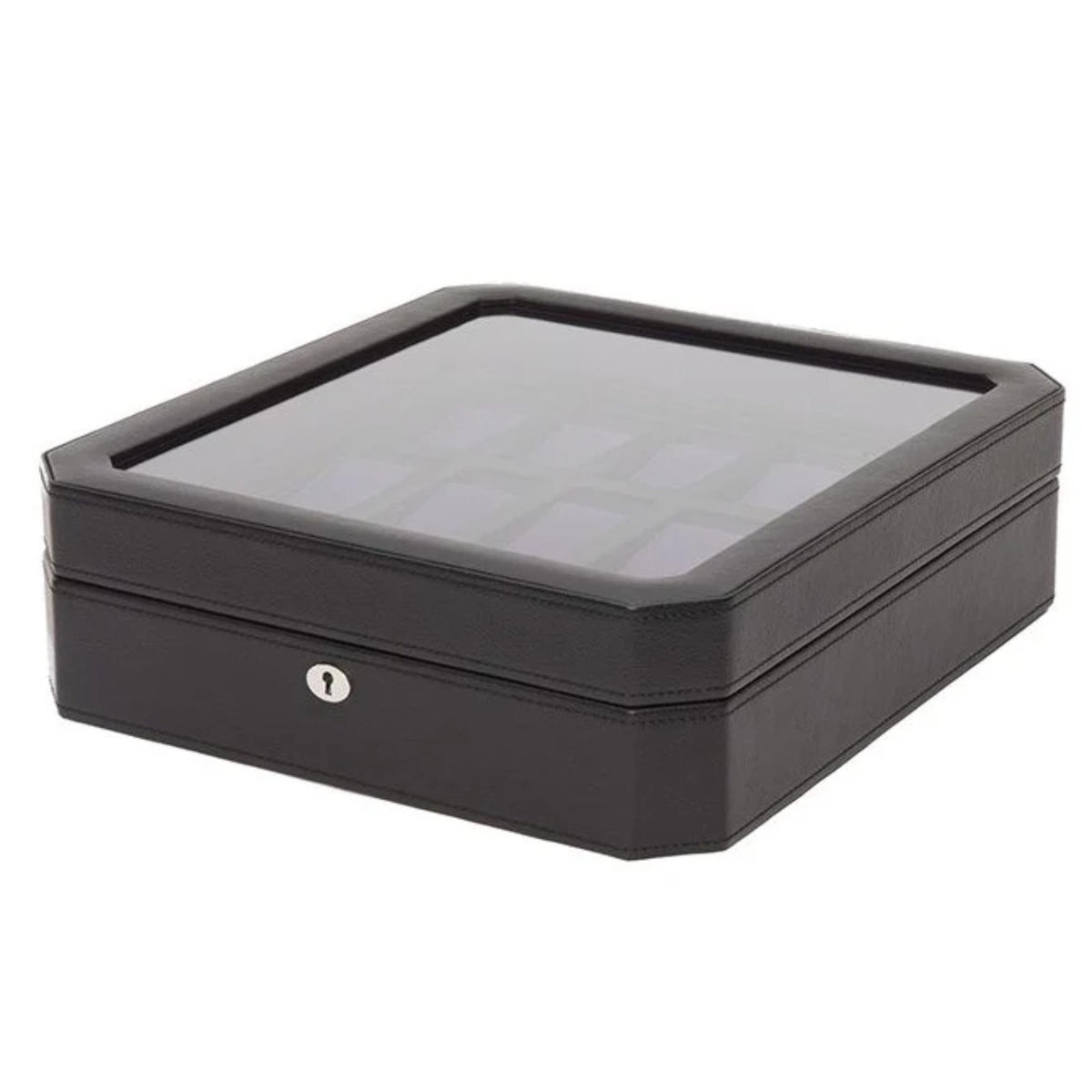 Black watch box with hinged lid, open top and cushioned gray insert