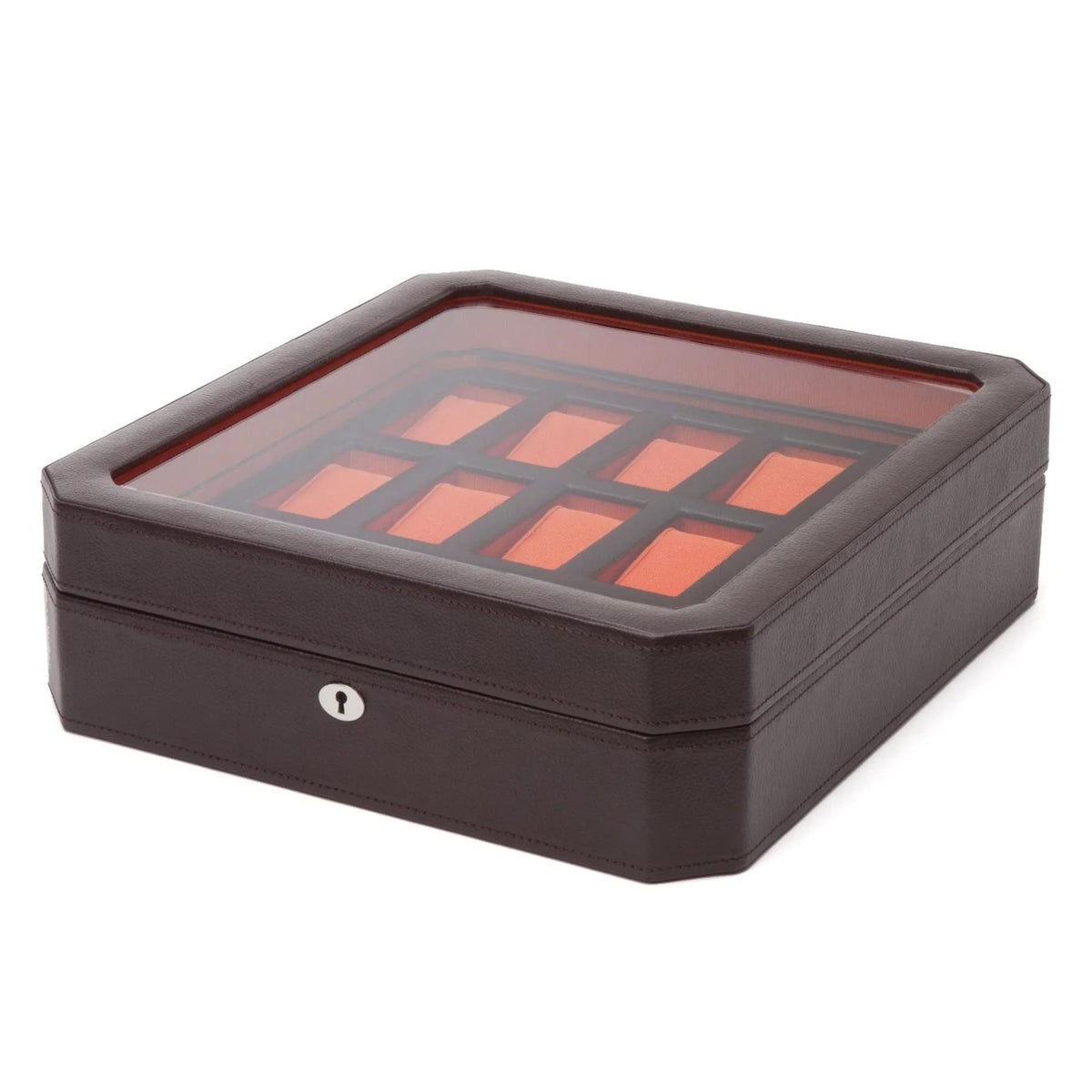 Dark brown watch box with open lid showing orange padded watch compartments grid
