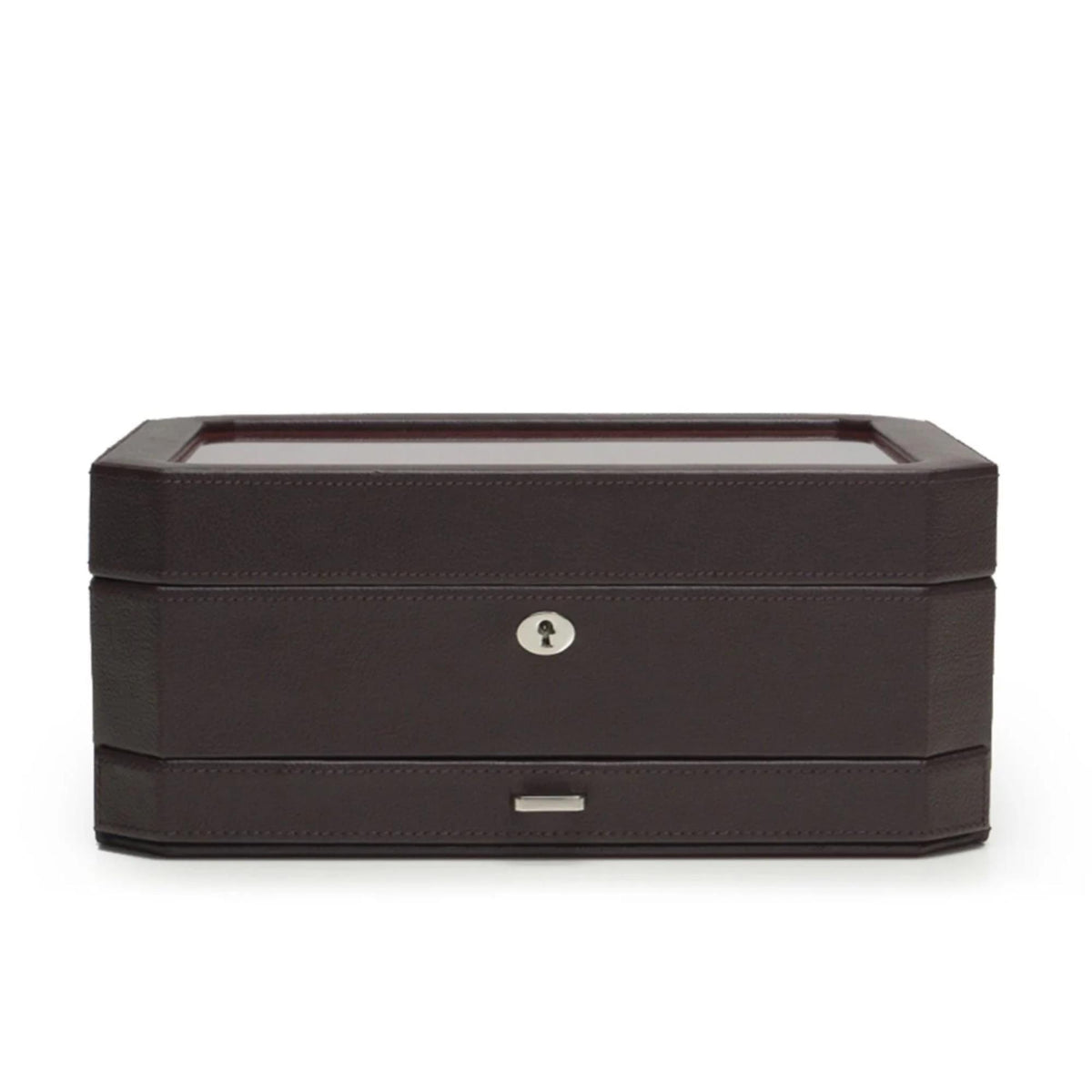 Dark brown watch box with hinged lid, center keyhole, and front storage drawer slot.