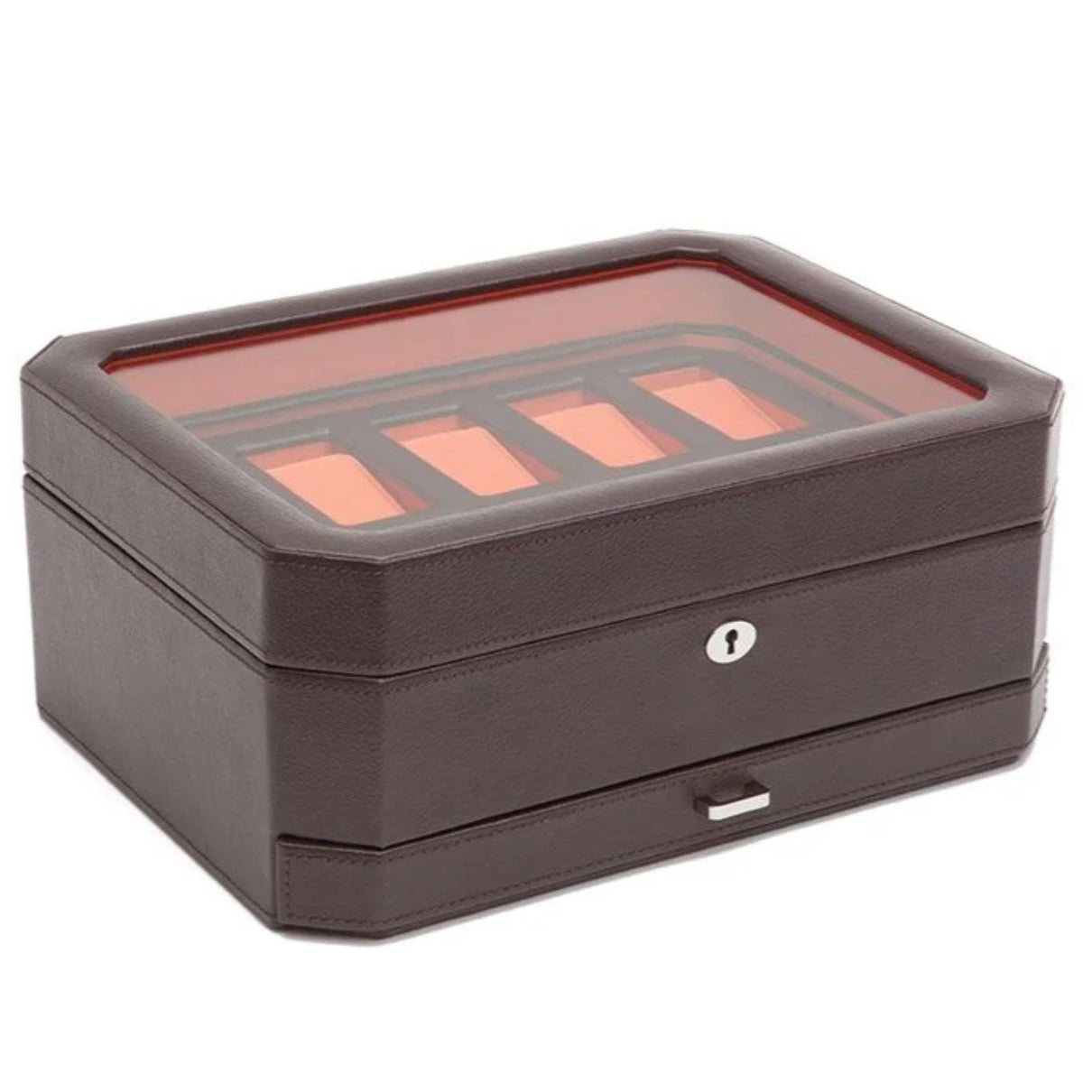 Brown watch box with lid open, showing orange padded compartments for watches.