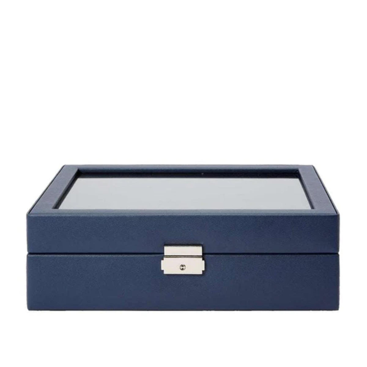 Navy watch box with window lid and metal latch, 10-slot interior