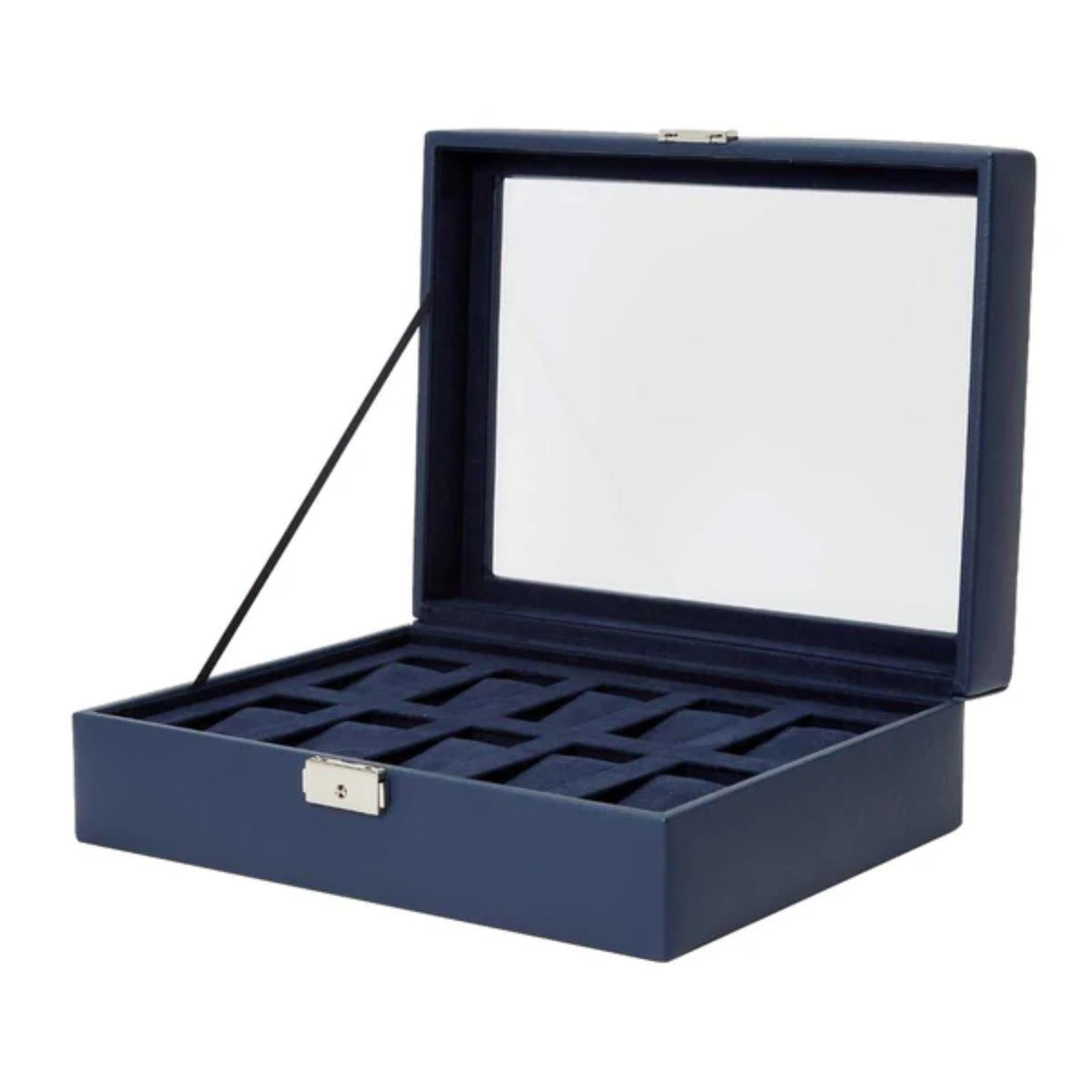 Navy watch box open with foam watch slots under hinged lid, metal latch