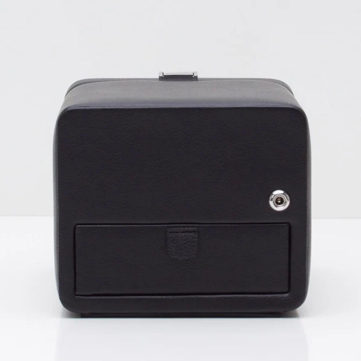 Single black watch winder with gray top lid and silver key-lock knob